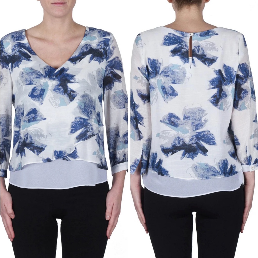 Joseph Ribkoff V-Neck Floral Layered Blue & White Women's Blouse Size 2